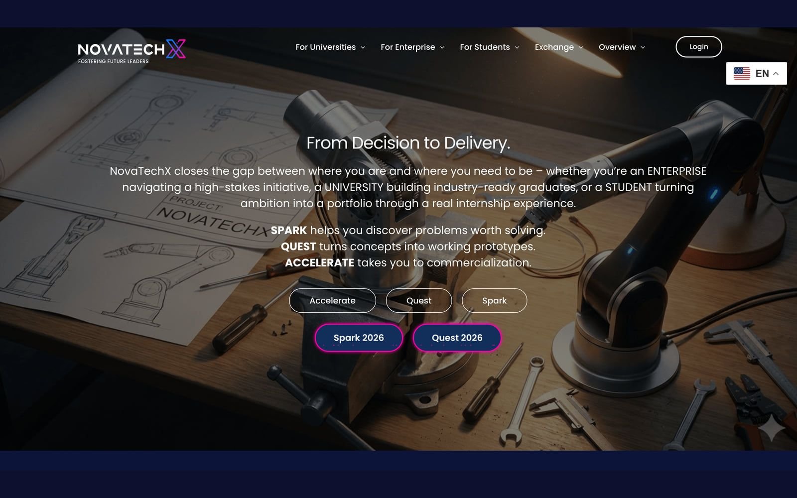 The NovaTechX homepage, showing the “From Decision to Delivery” hero and the Spark, Quest and Accelerate programme routes.